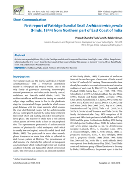 First Report of Patridge Sundial Snail Architectonica Perdix (Hinds, 1844) from Northern Part of East Coast of India