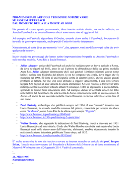 PRO-MEMORIA DI ARTICOLI TEDESCHI E NOTIZIE VARIE SU ANSELM FEUERBACH DAL MOMENTO DELLA SUA MORTE AD OGGI . Ho Pensato Di Creare