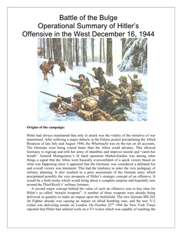 Battle of the Bulge Operational Summary of Hitler's Offensive in The
