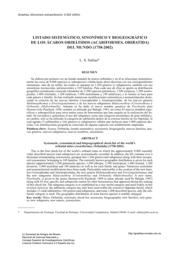 Acariformes, Oribatida) Del Mundo (1758-2002)