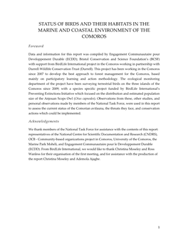Status of Birds and Their Habitats in the Marine and Coastal Environment of the Comoros