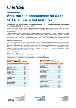 Snai Apre Le Scommesse Su Sochi 2014: Si Inizia Dal Biathlon
