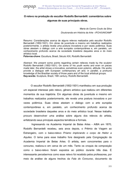 O Relevo Na Produção Do Escultor Rodolfo Bernardelli: Comentários Sobre Algumas De Suas Principais Obras