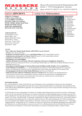 ABINCHOVA ALBUM TITLE: Weltenwanderer FORMAT: CD Digipak TRACK LIST: LABEL: Massacre Records 01