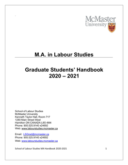 MA in Labour Studies Graduate Students' Handbook 2020 – 2021