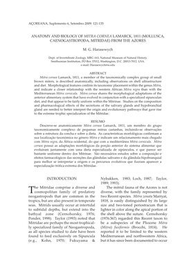 Anatomy and Biology of Mitra Cornea Lamarck, 1811 (Mollusca, Caenogastropoda, Mitridae) from the Azores