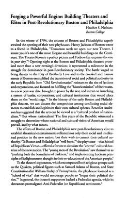 Building Theaters and Elites in Post-Revolutionary Boston and Philadelphia Heather S