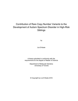 Contribution of Rare Copy Number Variants to the Development of Autism Spectrum Disorder in High-Risk Siblings