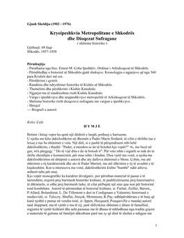 Kryeipeshkvia Metropolitane E Shkodrës Dhe Dioqezat Sufragane ( Shënime Historike ) Gjithsejt: 68 Faqe Shkodër, 1957-1958