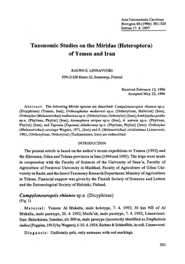 Taxonomic Studies on the Miridae (Heteroptera) of Yemen and Iran