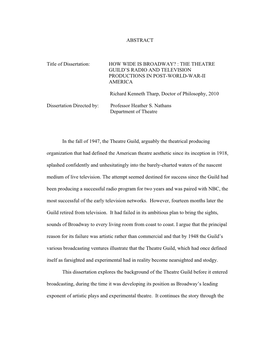 How Wide Is Broadway? : the Theatre Guild’S Radio and Television Productions in Post-World-War-Ii America