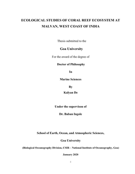 Ecological Studies of Coral Reef Ecosystem at Malvan, West Coast of India