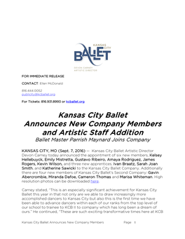 September 7, 2016 Kansas City Ballet Announces New Company