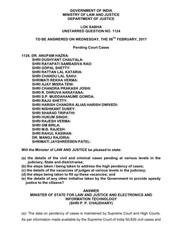 Government of India Ministry of Law and Justice Department of Justice Lok Sabha Unstarred Question No. 1124 to Be Answered on We