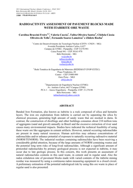 Radioactivity Assessment of Pavement Blocks Made with Itabirite Ore Waste