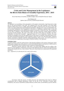The Rivers State House of Assembly Experience, 2011 - 2015