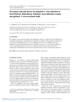 Prevalence and Risk Factors for Hepatitis C Virus Infection in Kech District, Balochistan, Pakistan: Most Infections Remain Unexplained