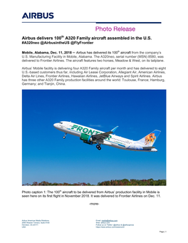 Airbus Delivers 100Th A320 Family Aircraft Assembled in the U.S. #A320neo @Airbusintheus @Flyfrontier