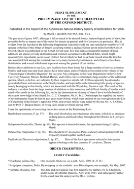 First Supplement Preliminary List of the Coleoptera Of