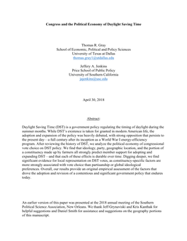 Congress and the Political Economy of Daylight Saving Time Thomas R. Gray School of Economic, Political and Policy Sciences Univ