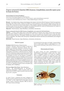 Erigone Autumnalis Emerton 1882 (Araneae, Linyphiidae), Nouvelle Espèce Pour La Faune De France