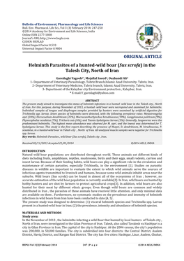 Helminth Parasites of a Hunted-Wild Boar (Sus Scrofa) in the Talesh City, North of Iran