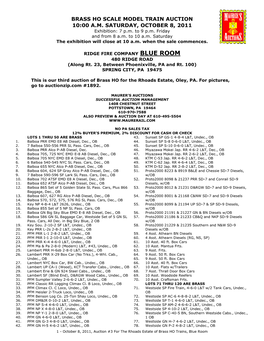 BRASS HO SCALE MODEL TRAIN AUCTION 10:00 A.M. SATURDAY, OCTOBER 8, 2011 Exhibition: 7 P.M