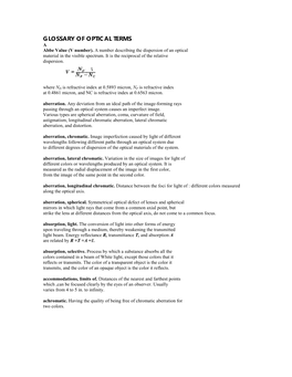 GLOSSARY of OPTICAL TERMS a Abbe Value (V Number)