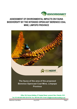 Assessment of Environmental Impacts on Fauna Biodiversity by the Intended Opencast Berenice Coal Mine, Limpopo Province