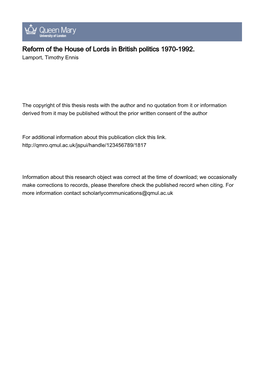 Reform of the House of Lords in British Politics 1970-1992. Lamport, Timothy Ennis