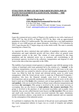 Evolution of Priate Sector Participation (PSP) in Waste Management In