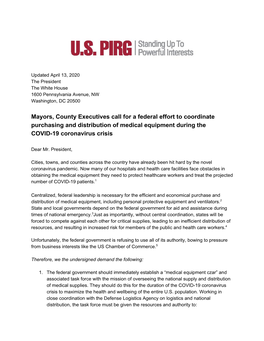 Mayors, County Executives Call for a Federal Effort to Coordinate Purchasing and Distribution of Medical Equipment During the COVID-19 Coronavirus Crisis