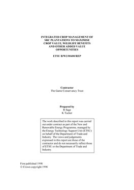 Integrated Crop Management of Src Plantations to Maximise Crop Value, Wildlife Benefits and Other Added Value Opportunities