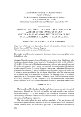 (Diptera, Tabanidae) on the Territory of the Bakadzhitsite Hills, South-East Bulgaria