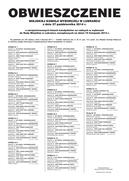 MIEJSKIEJ KOMISJI WYBORCZEJ W LUBRAŃCU Z Dnia 27 Października 2014 R