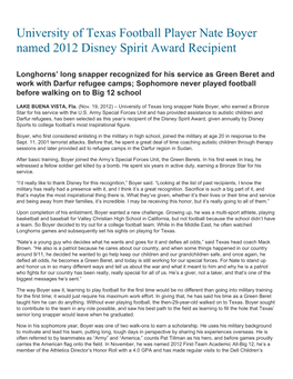 University of Texas Football Player Nate Boyer Named 2012 Disney Spirit Award Recipient