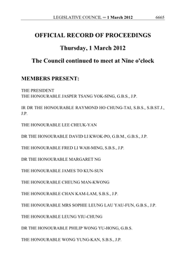OFFICIAL RECORD of PROCEEDINGS Thursday, 1 March