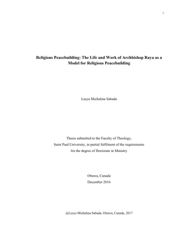 Religious Peacebuilding: the Life and Work of Archbishop Raya As a Model for Religious Peacebuilding