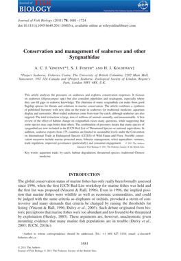 Conservation and Management of Seahorses and Other Syngnathidae