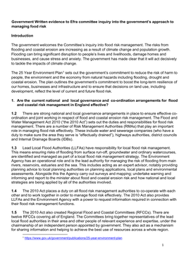 Government Written Evidence to Efra Committee Inquiry Into the Government’S Approach to Managing Food Risk