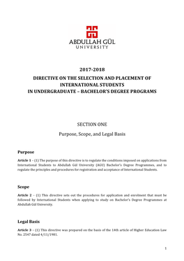 2017-2018 Directive on the Selection and Placement of International Students in Undergraduate – Bachelor’S Degree Programs