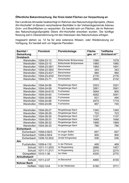 Öffentliche Bekanntmachung. Der Kreis Bietet Flächen Zur Verpachtung an Der Landkreis Ahrweiler Beabsichtigt Im Rahmen Des