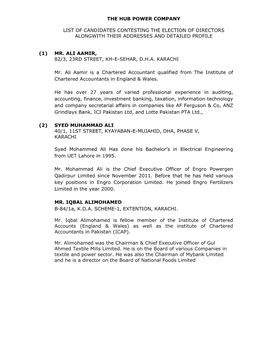 The Hub Power Company List of Candidates Contesting the Election of Directors Alongwith Their Addresses and Detailed Profile