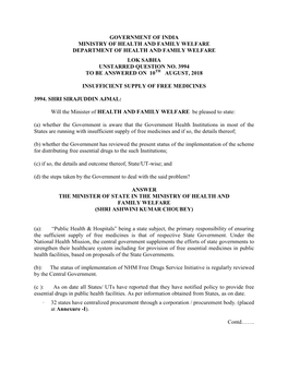 Government of India Ministry of Health and Family Welfare Department of Health and Family Welfare Lok Sabha Unstarred Question No