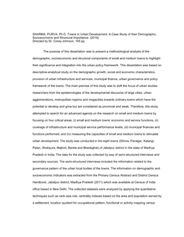 SHARMA, PURVA, Ph.D. Towns in Urban Development: a Case Study of Their Demographic, Socioeconomic and Structural Importance