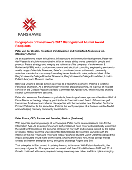 Biographies of Fanshawe's 2017 Distinguished Alumni Award