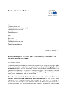 Subject: Participation of Belarus in the Eurovision Song Contest 2021 and Situation at EBU Member BTRC