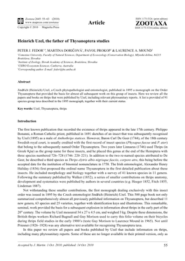 Zootaxa, Heinrich Uzel, the Father of Thysanoptera Studies