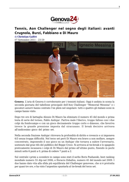 Tennis, Aon Challenger Nel Segno Degli Italiani: Avanti Crugnola, Burzi, Fabbiano E Di Mauro Di Christian Galfrè 07 Settembre 2011 – 23:59