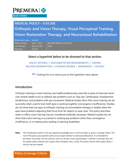 9.03.508 Orthoptic and Vision Therapy, Visual Perceptual Training, Vision Restoration Therapy, and Neurovisual Rehabilitation